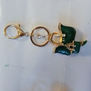 Purse charm/keychain with green purse, mini purse and shoe, 4" long